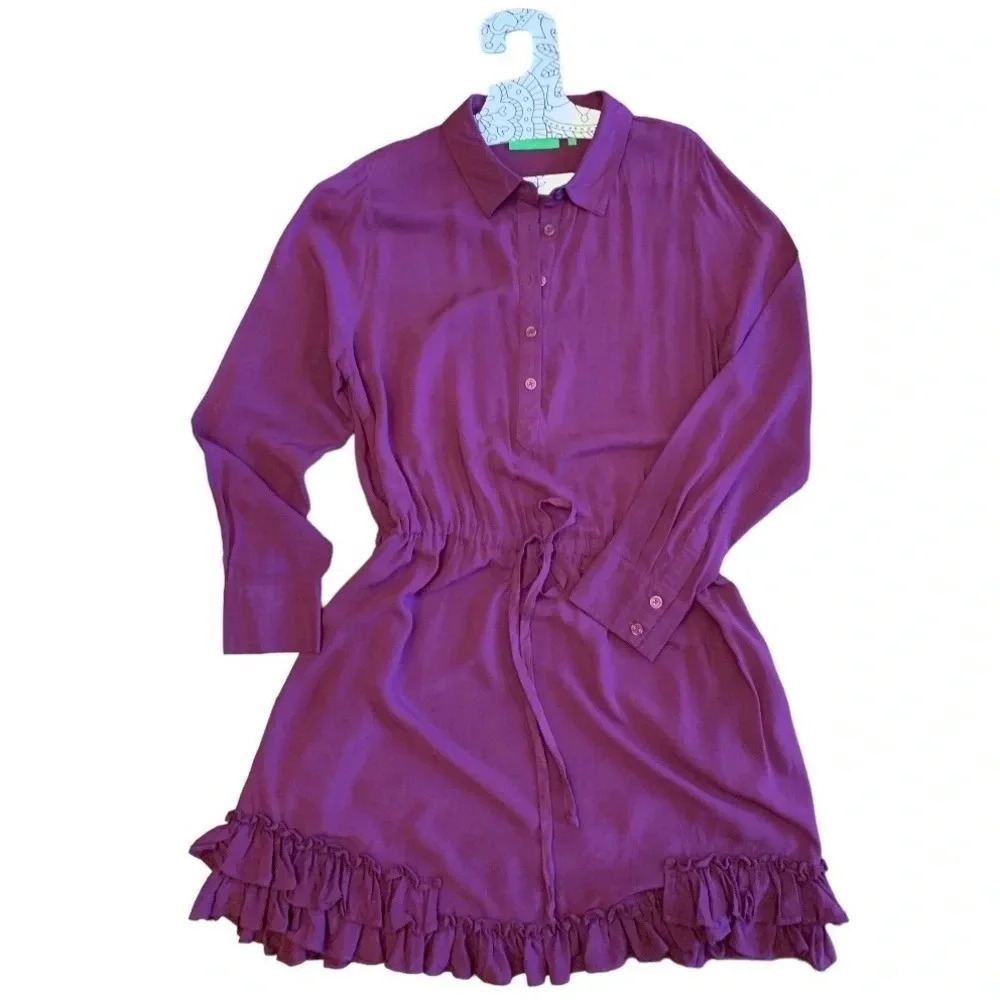LOGO Purple Mini Shirt Dress Long Sleeve Size M Adjustable Waist Ruffle Bottom